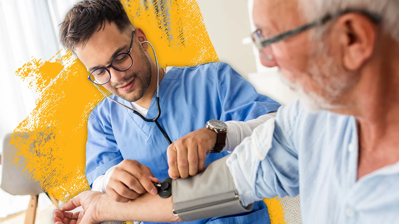 a pharmacist measuring a patient's blood pressure using a cuff and stethoscope