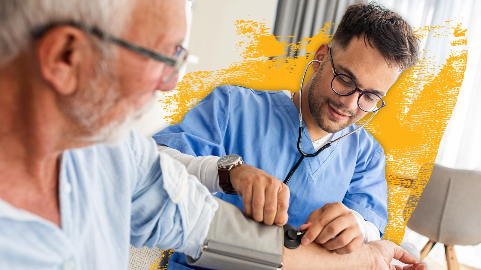 a pharmacist measuring a patient's blood pressure using a cuff and stethoscope