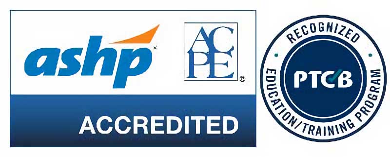 Logos indicating accreditation by the American Society of Health-System Pharmacists and the Accreditation Council for Pharmacy Education, and recognition by the Pharmacy Technician Certification Board as an approved education and training program