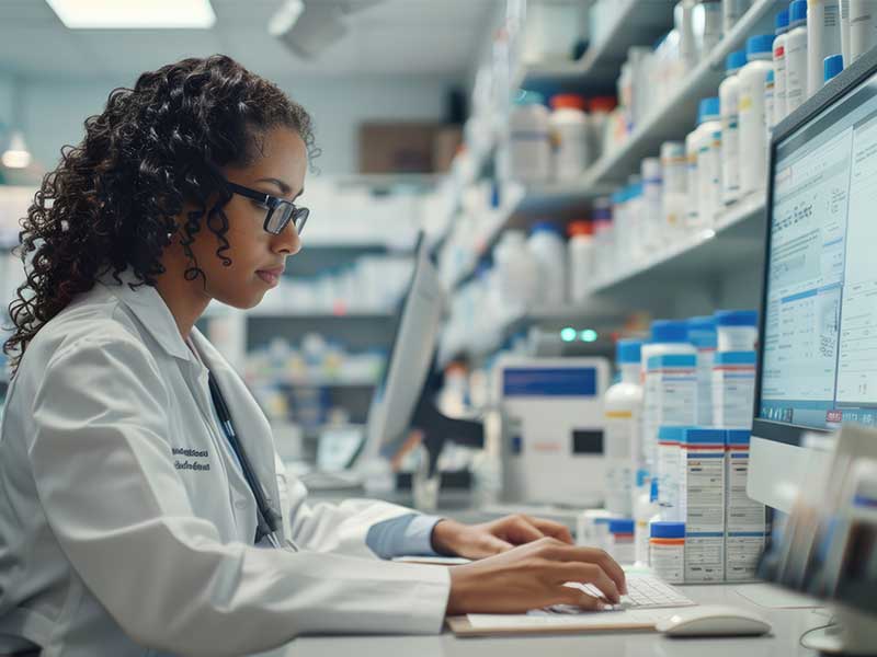 A pharmacy technician looks up a prescription on a computer in a pharmacy