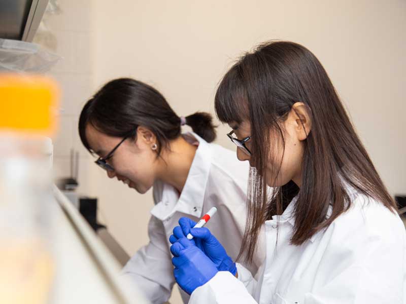 two lab workers laugh and smile while working with lab equipment